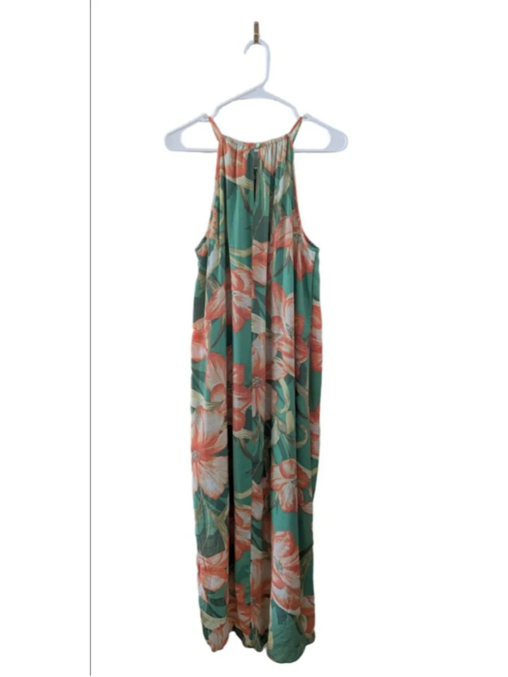 Mlle Gabrielle Floral Halter Maxi Dress Green Orange Boho Flowing M - Picture 3 of 5